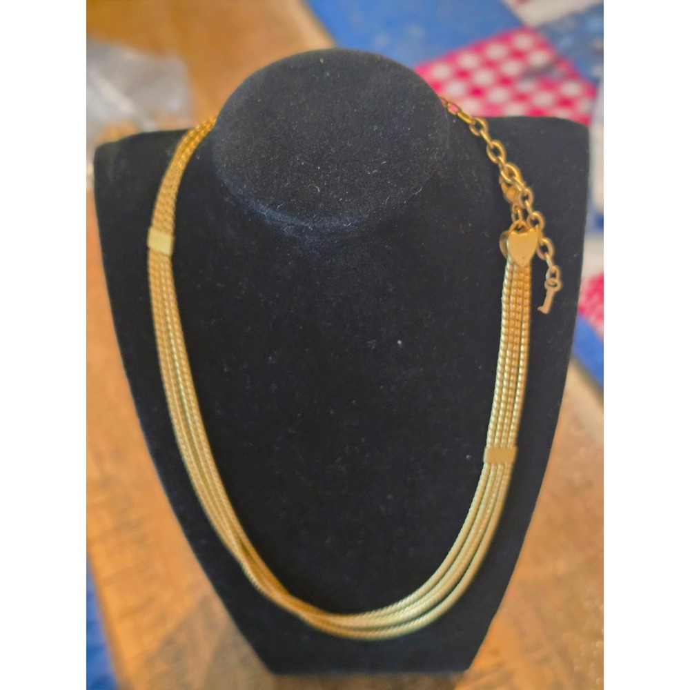Gold Tone Multi Strand‎ Layered Chain Necklace with Heart Lock and Key Charm
